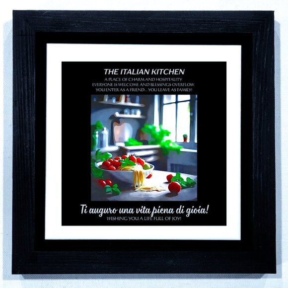 WALL ART -- THE ITALIAN KITCHEN. 8X8 INCHES. A RAISED TILE IN A BLACK FRAME. - Picture 1 of 2